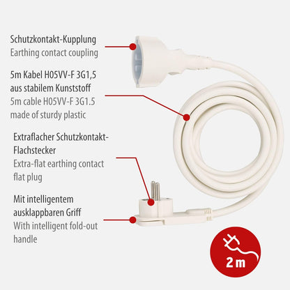 Brennenstuhl Qualitäts-Kunststoff-Verlängerungskabel Mit Flachstecker (Verlängerungskabel Flach Für Innen Mit 2M Kabel) Weiß