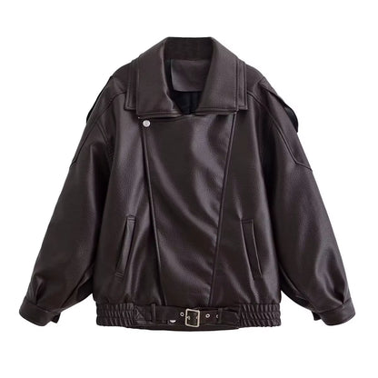 Leder Jacke Für Frauen Casual Solide Lange Sleeve Zipper Pu Leder Mäntel Neue Mode Weibliche Streetwear