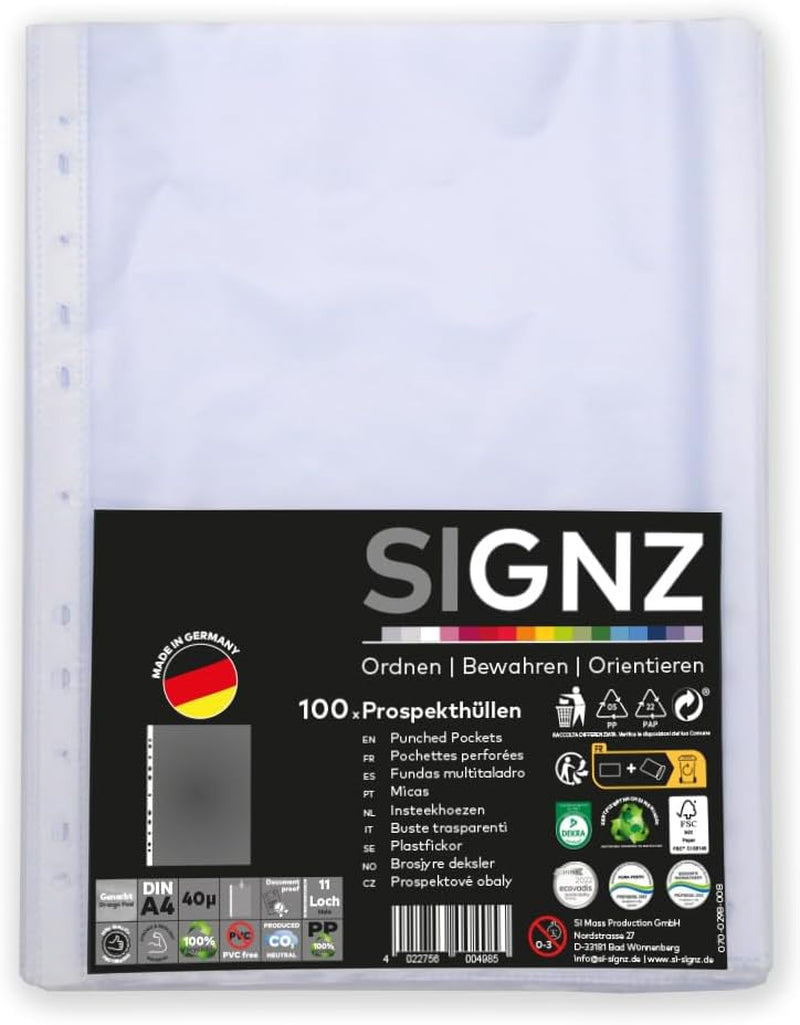 SIGNZ Prospekthüllen (DIN A4, 40 My), 100 Stück