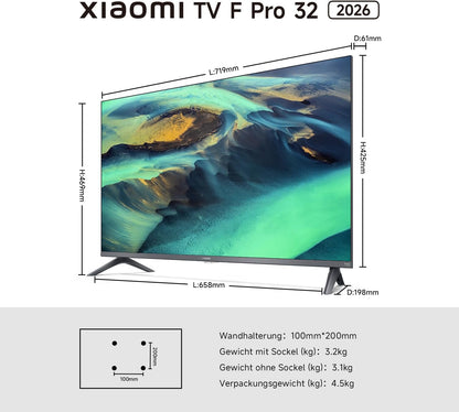 Xiaomi TV F Pro 32, 32 Zoll (81 Cm), QLED, Smart TV, Fire OS7, Triple Tuner Dvb-C/S/S2/T/T2,Dolby Audio™, DTS Virtual:X, DTS-HD, Sprachsteuerung Mit Alexa, Kompatibel Mit Apple Airplay
