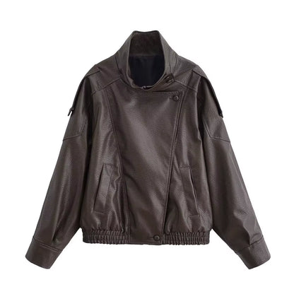Leder Jacke Für Frauen Casual Solide Lange Sleeve Zipper Pu Leder Mäntel Neue Mode Weibliche Streetwear