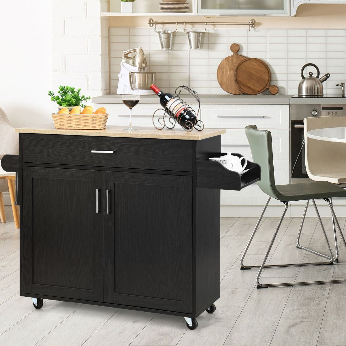 Küchenwagen Mit Handtuchhalter & Gewürzboard & Schublade Kücheninsel Rollbarer Küchenschrank