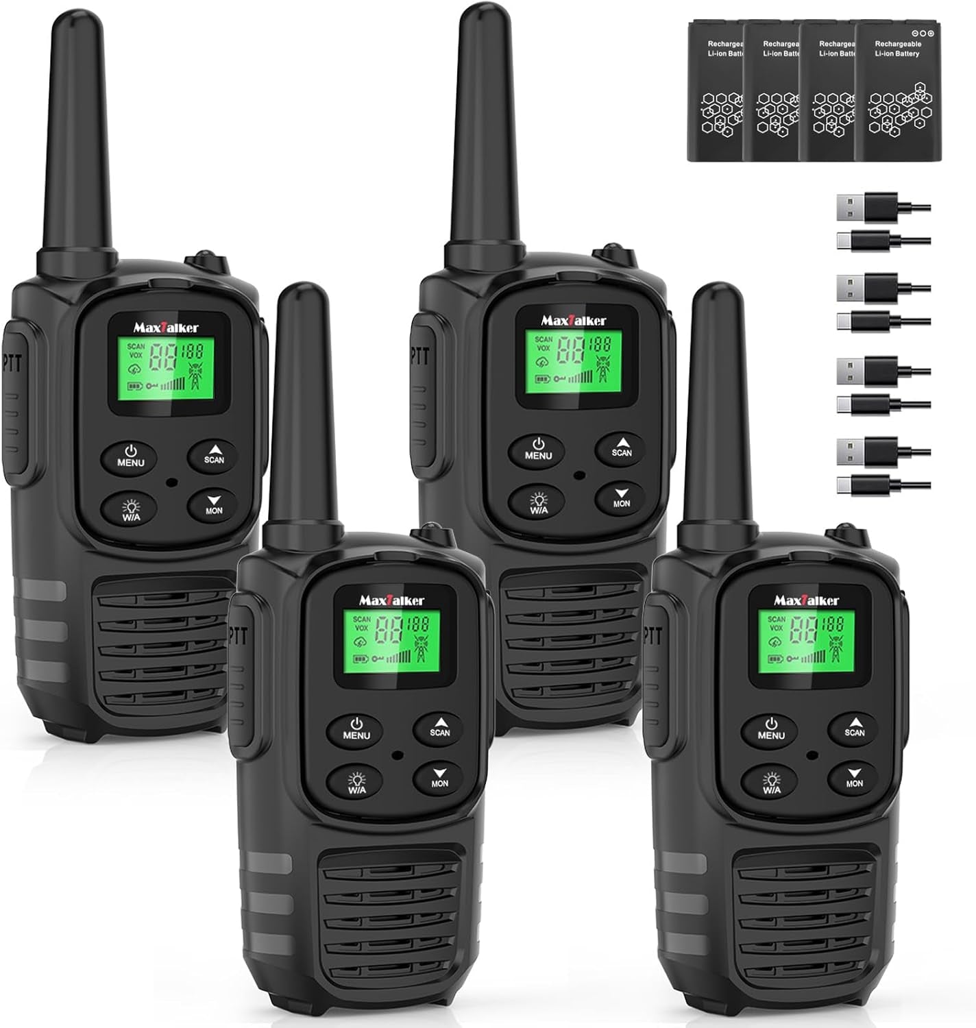 MT10 Walkie Talkie Aufladbar Für Erwachsene Kinder Funkgeräte, 1200Mah Li-Ion Batterie, USB-C Kabel, LED Taschenlampe, VOX Funkgeräte Für Wandern Und Camping,4Er Set