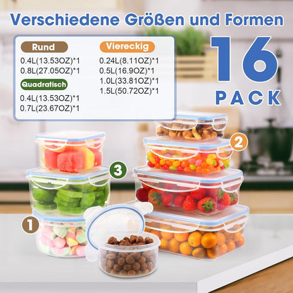 YASHE Frischhaltedosen Mit Deckel 16Pcs (8 Behälter, 8 Deckel)
