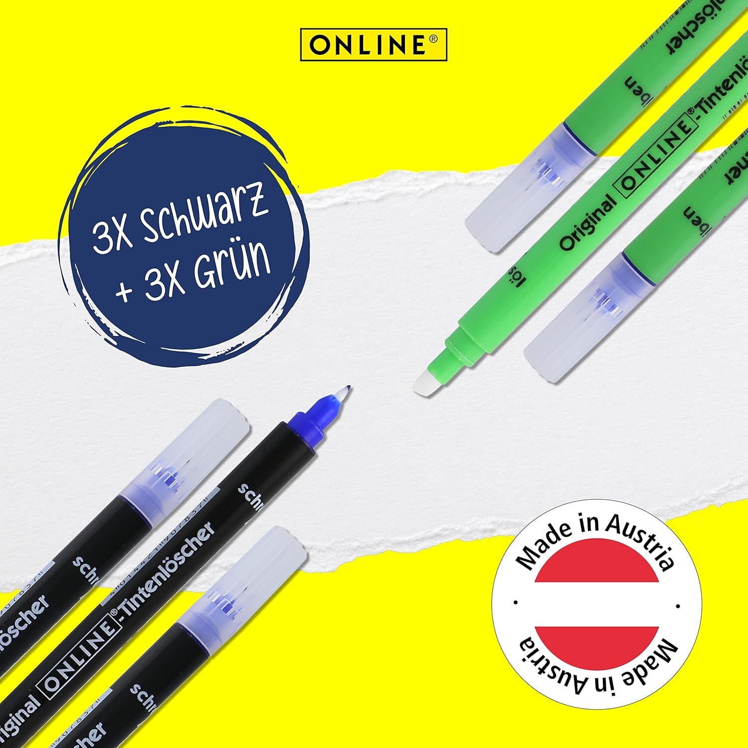 Online Vorteils-Pack 6X Tintenlöscher Zum Löschen Und Überschreiben | in Verschiedenen Farben, Je 3X Schwarz, Grün | Entfernung Und Korrektur Blauer Tinte | Schreibfarbe Blau