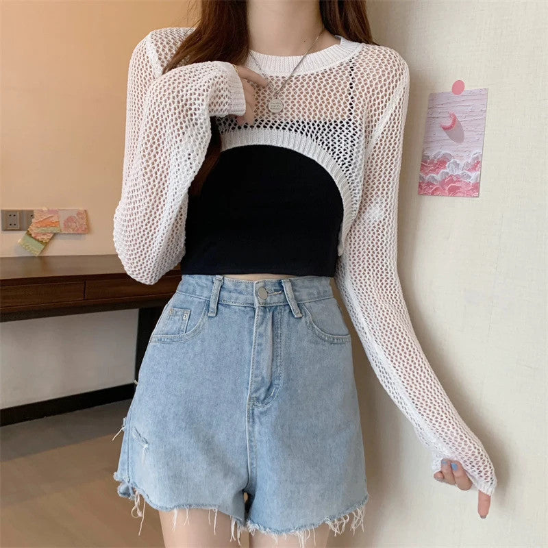 Damen Strick Cardigan Sommer Crop Top Strickjacke Kurze Sexy Bolero Strickshirt