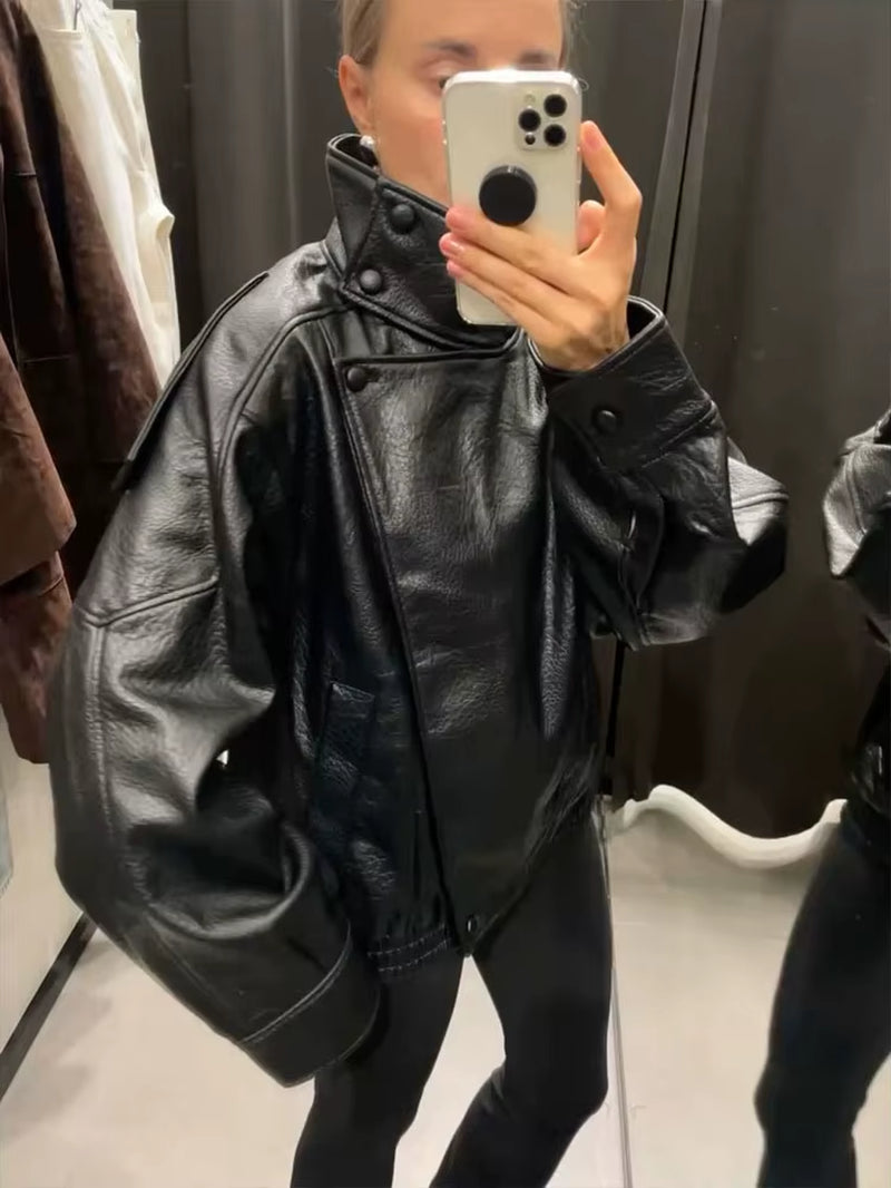 Leder Jacke Für Frauen Casual Solide Lange Sleeve Zipper Pu Leder Mäntel Neue Mode Weibliche Streetwear