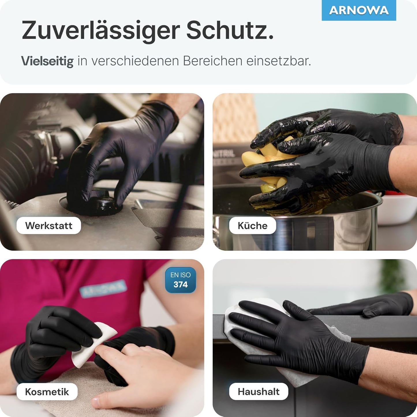 ARNOMED Einweghandschuhe 100 Stück/Box, Schwarze Nitrilhandschuhe L, Puderfreie & Latexfreie Einmalhandschuhe, Handschuhe in Gr. XS, S, M, L, XL & XXL Verfügbar