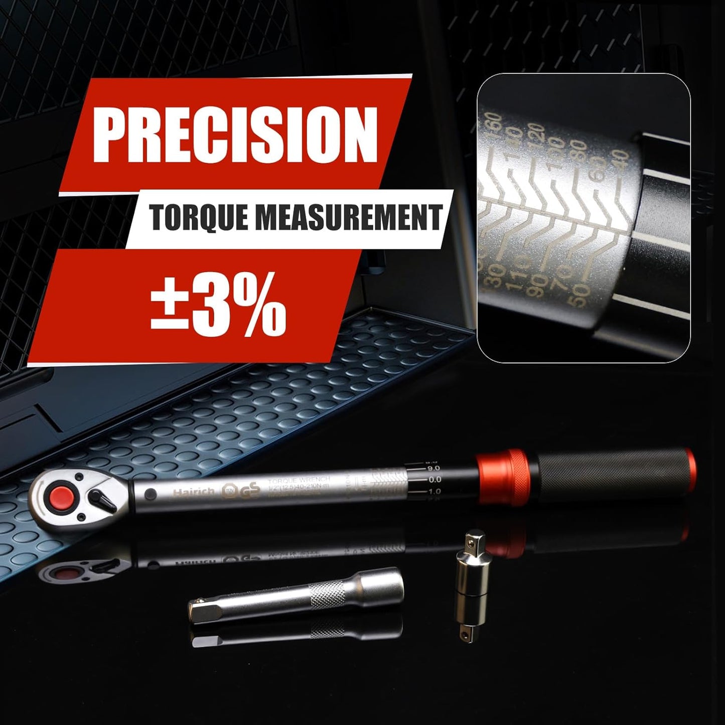 Hairich Drehmomentschlüssel Auto 1/2 Zoll, 40–210 Nm, TÜV Süd GS Geprüft, 6-Tlg. Drehmomentschlüssel Set Mit 125 Mm Verlängerung, 1/2"-3/8" Adapter & 3 Stecknüssen – Für Reifenwechsel & Motorrad