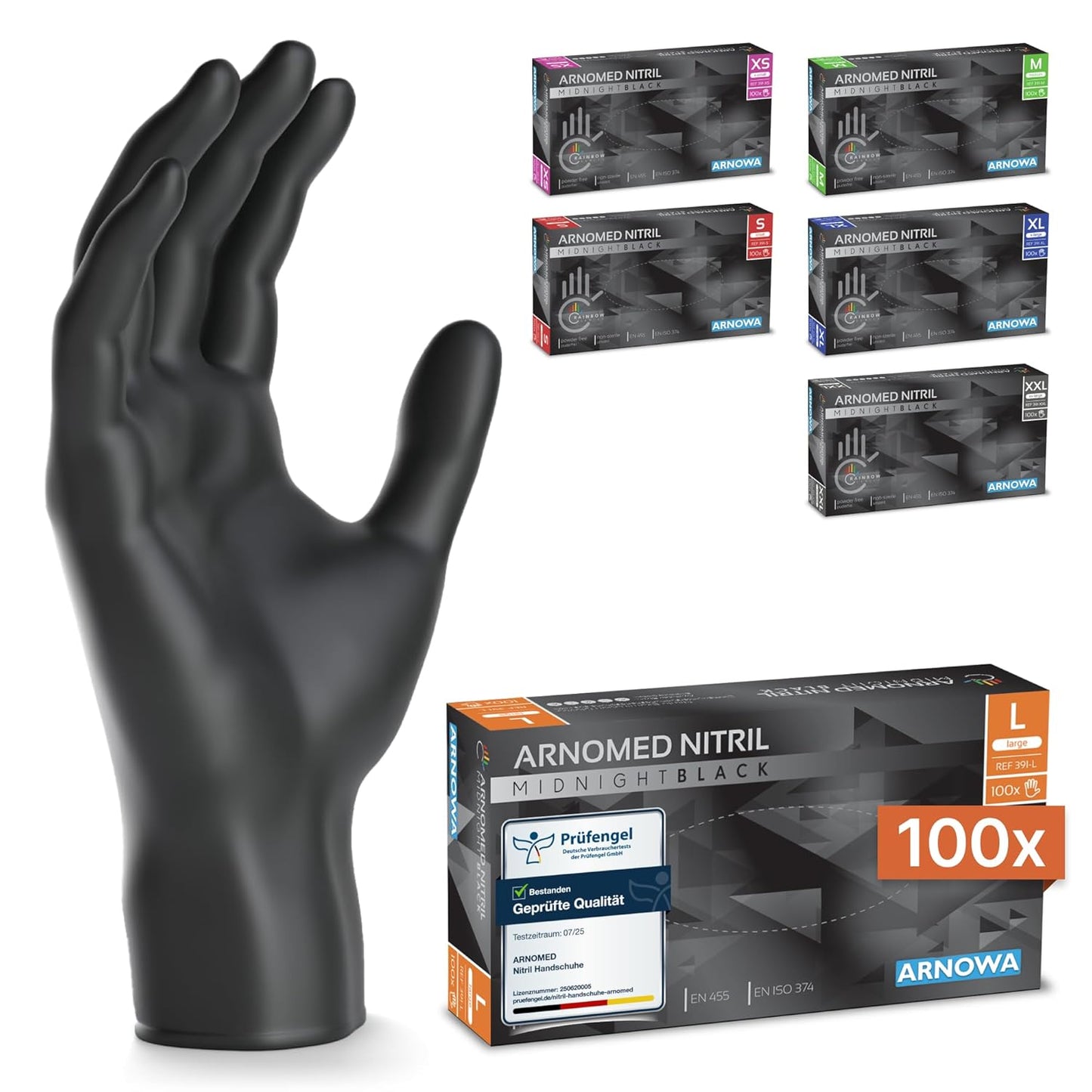 ARNOMED Einweghandschuhe 100 Stück/Box, Schwarze Nitrilhandschuhe L, Puderfreie & Latexfreie Einmalhandschuhe, Handschuhe in Gr. XS, S, M, L, XL & XXL Verfügbar