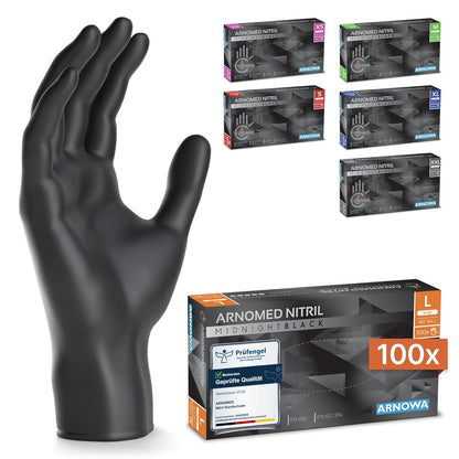 ARNOMED Einweghandschuhe 100 Stück/Box, Schwarze Nitrilhandschuhe L, Puderfreie & Latexfreie Einmalhandschuhe, Handschuhe in Gr. XS, S, M, L, XL & XXL Verfügbar