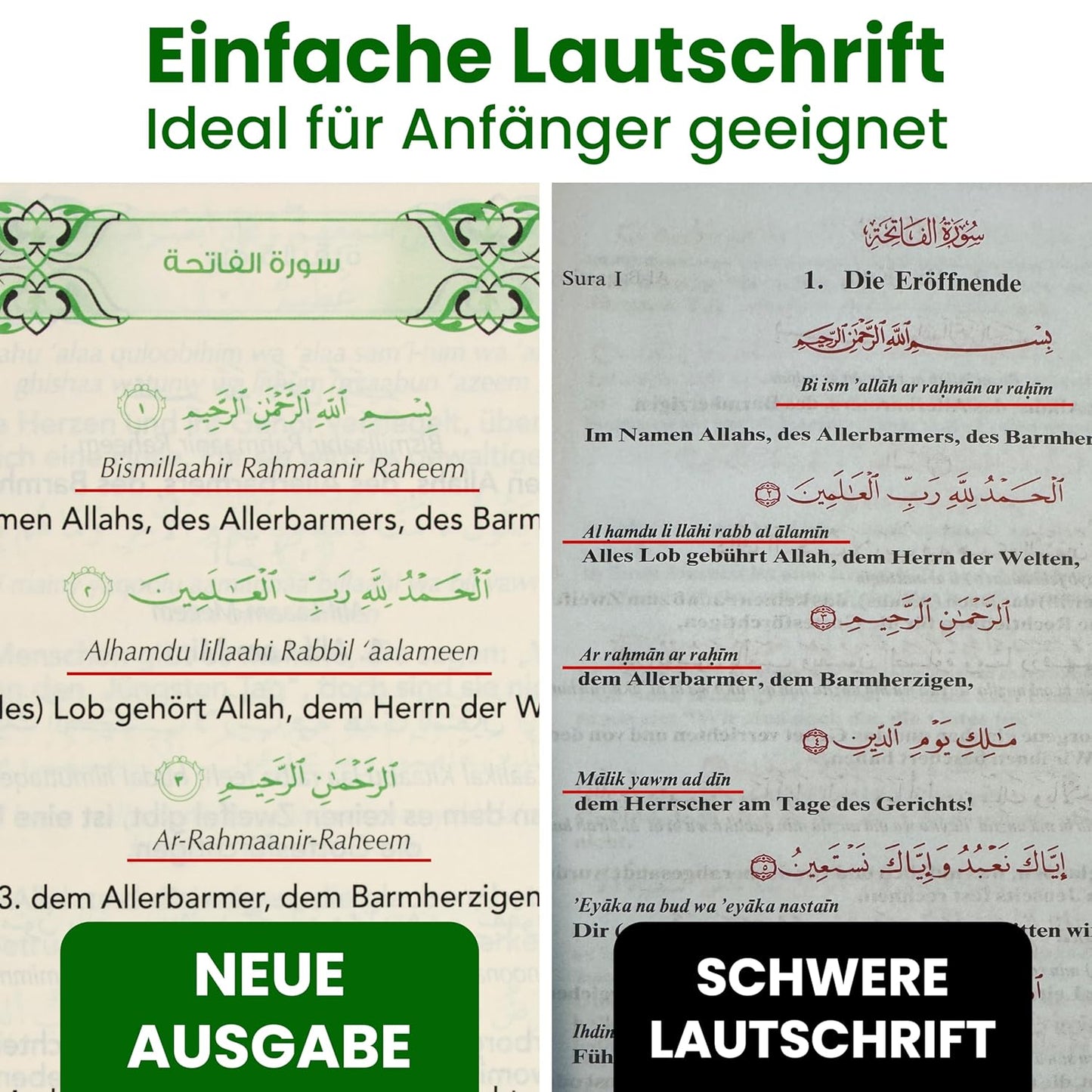 Koran Arabisch Deutsch Grün + Übersetzung + Hardcover Große Schrift inkl. Lautschrift für Anfänger - Quran Transkription - Heiliger Qur'an + Transliteration Inkl.QR-Code