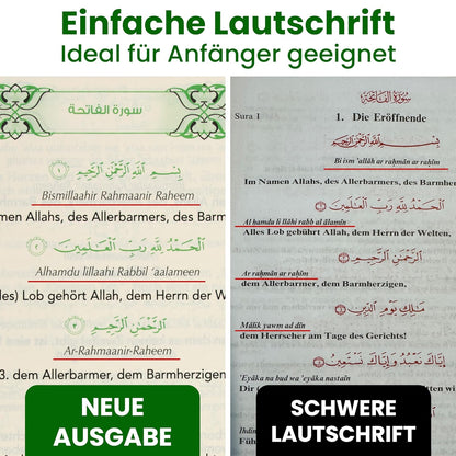 Koran Arabisch Deutsch Grün + Übersetzung + Hardcover Große Schrift inkl. Lautschrift für Anfänger - Quran Transkription - Heiliger Qur'an + Transliteration Inkl.QR-Code