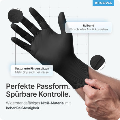 ARNOMED Einweghandschuhe 100 Stück/Box, Schwarze Nitrilhandschuhe L, Puderfreie & Latexfreie Einmalhandschuhe, Handschuhe in Gr. XS, S, M, L, XL & XXL Verfügbar