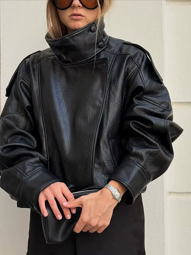 Leder Jacke Für Frauen Casual Solide Lange Sleeve Zipper Pu Leder Mäntel Neue Mode Weibliche Streetwear