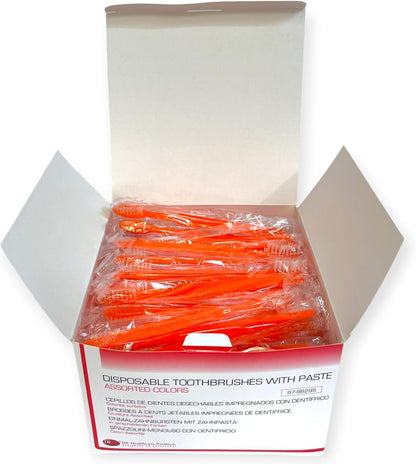 DE Healthcare Products – Einmalzahnbürsten Mit Zahnpasta (100 Stück), Einzeln Hygienisch Verpackt, 4 Untersch. Farben (4X 25 Stück)