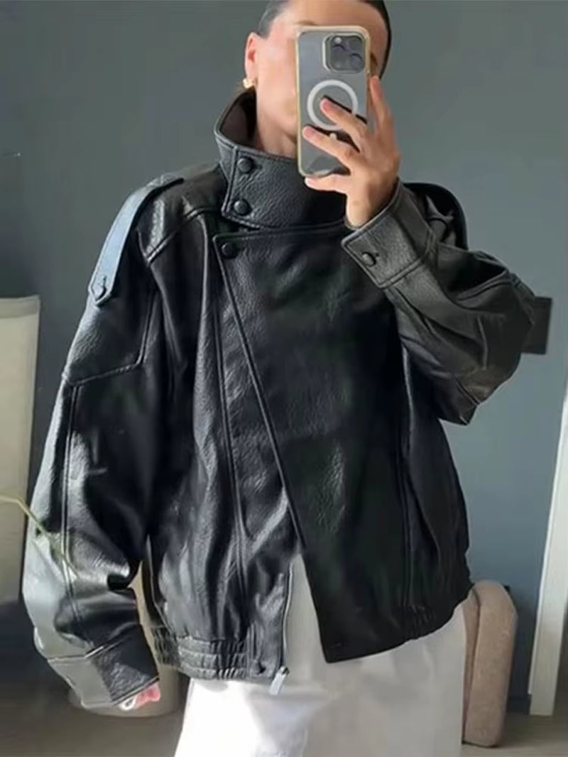 Leder Jacke Für Frauen Casual Solide Lange Sleeve Zipper Pu Leder Mäntel Neue Mode Weibliche Streetwear