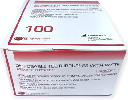 DE Healthcare Products – Einmalzahnbürsten Mit Zahnpasta (100 Stück), Einzeln Hygienisch Verpackt, 4 Untersch. Farben (4X 25 Stück)