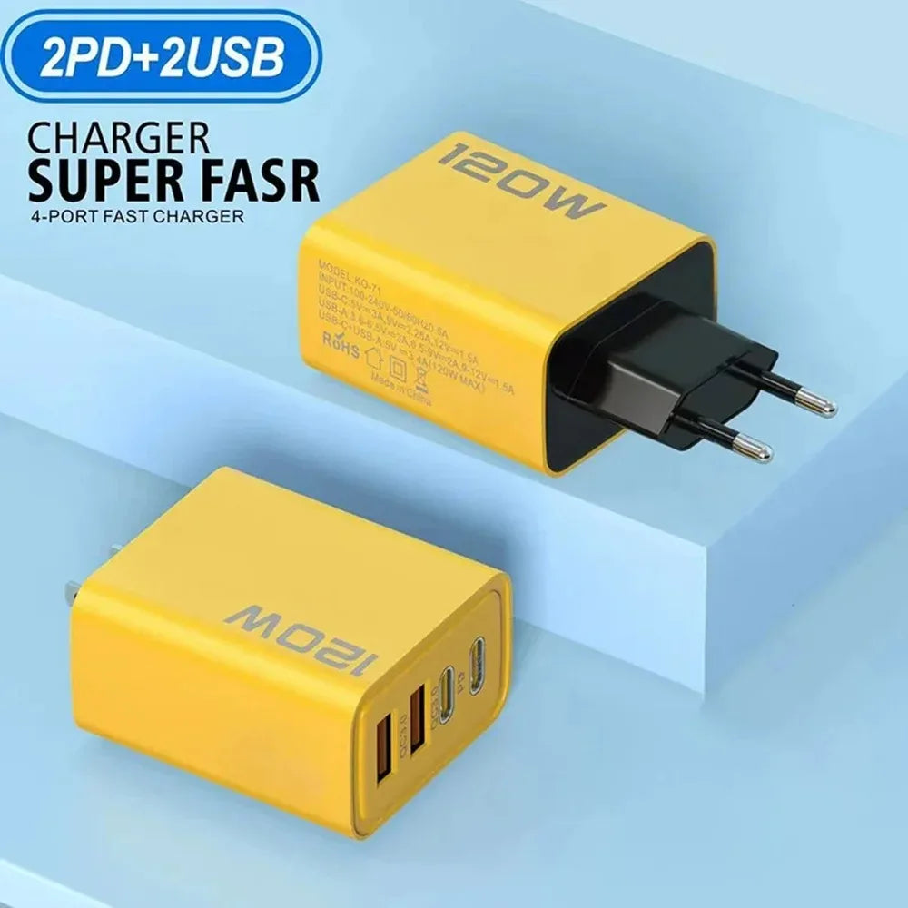 4 Port USB Charger Total 120W Type C Fast Charge Mobile Phone Adapter