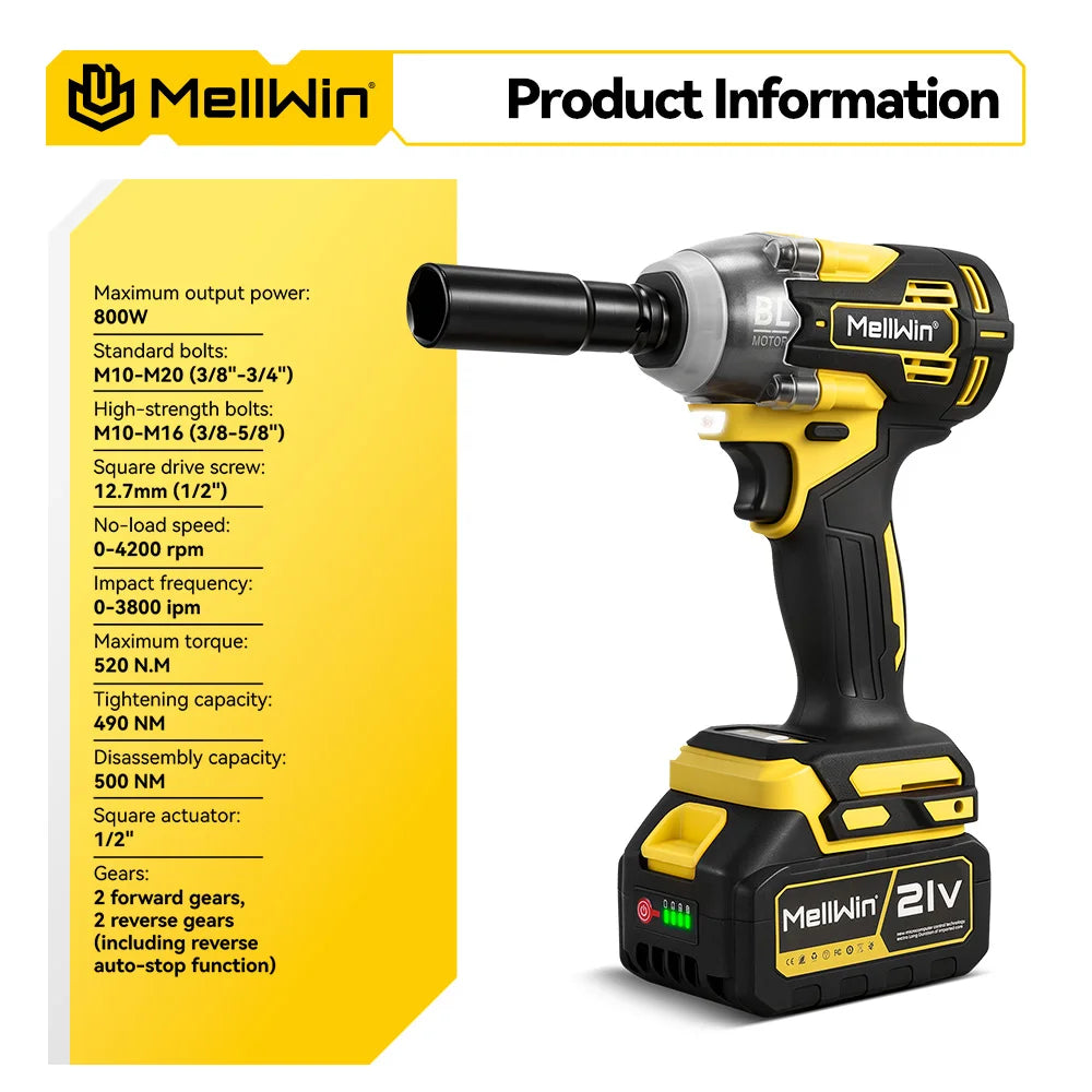 MELLWIN 520 N·m Brushless 3-in-1 Akku-Schlagschrauber