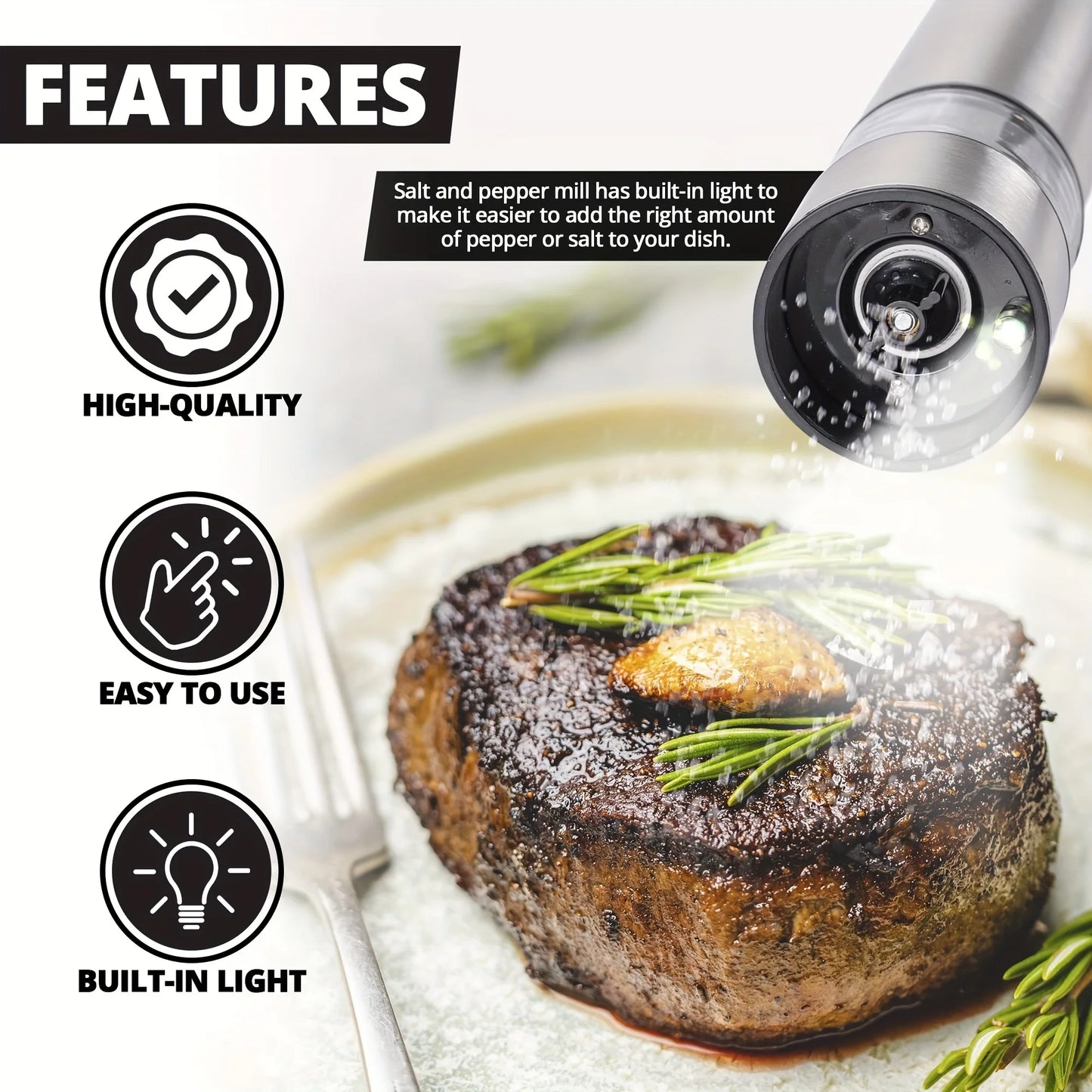 Electric Salt Pepper Grinder Set One Handed Operation Stainless Steel Spice Mill with Light Automatic Pepper Grinde for Kitchen