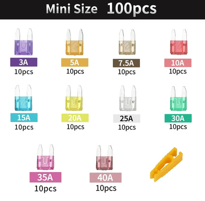 100-piece mini flat fuse set with puller 