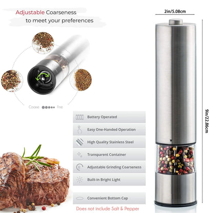 Electric Salt Pepper Grinder Set One Handed Operation Stainless Steel Spice Mill with Light Automatic Pepper Grinde for Kitchen