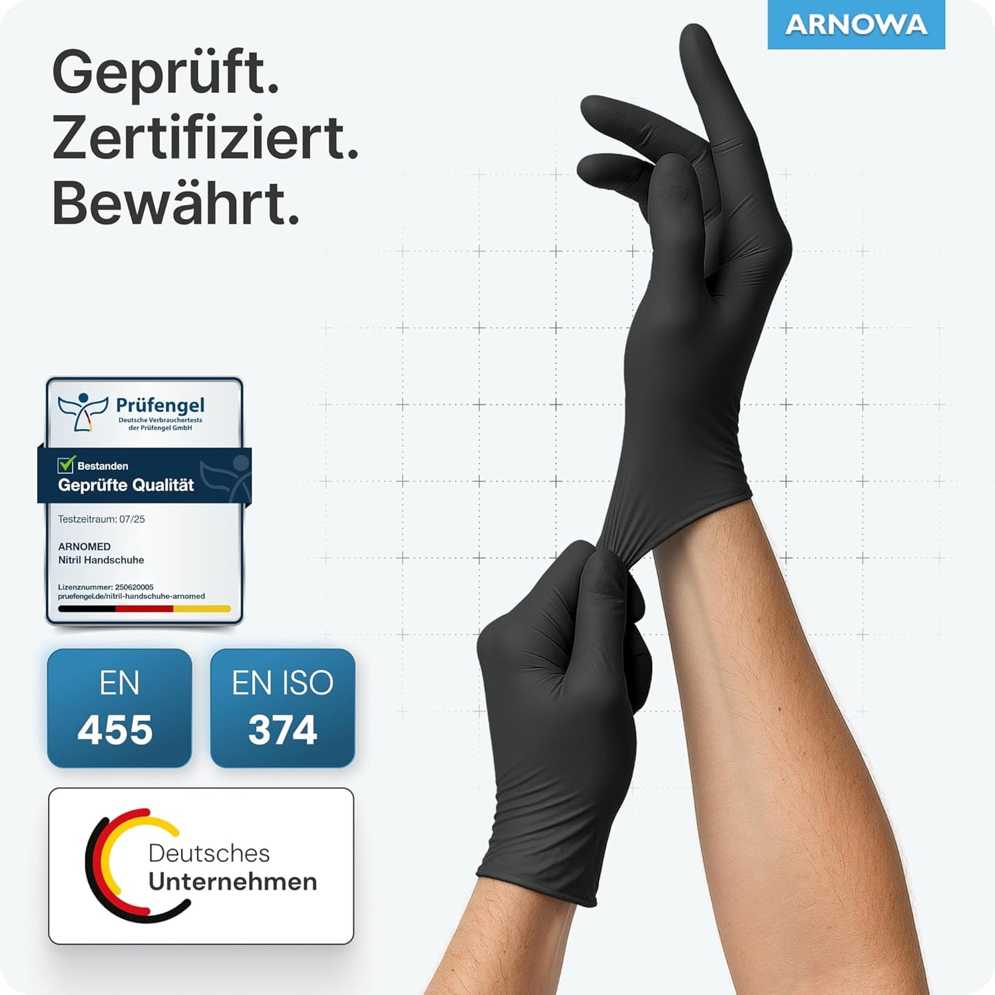 ARNOMED Einweghandschuhe 100 Stück/Box, Schwarze Nitrilhandschuhe L, Puderfreie & Latexfreie Einmalhandschuhe, Handschuhe in Gr. XS, S, M, L, XL & XXL Verfügbar