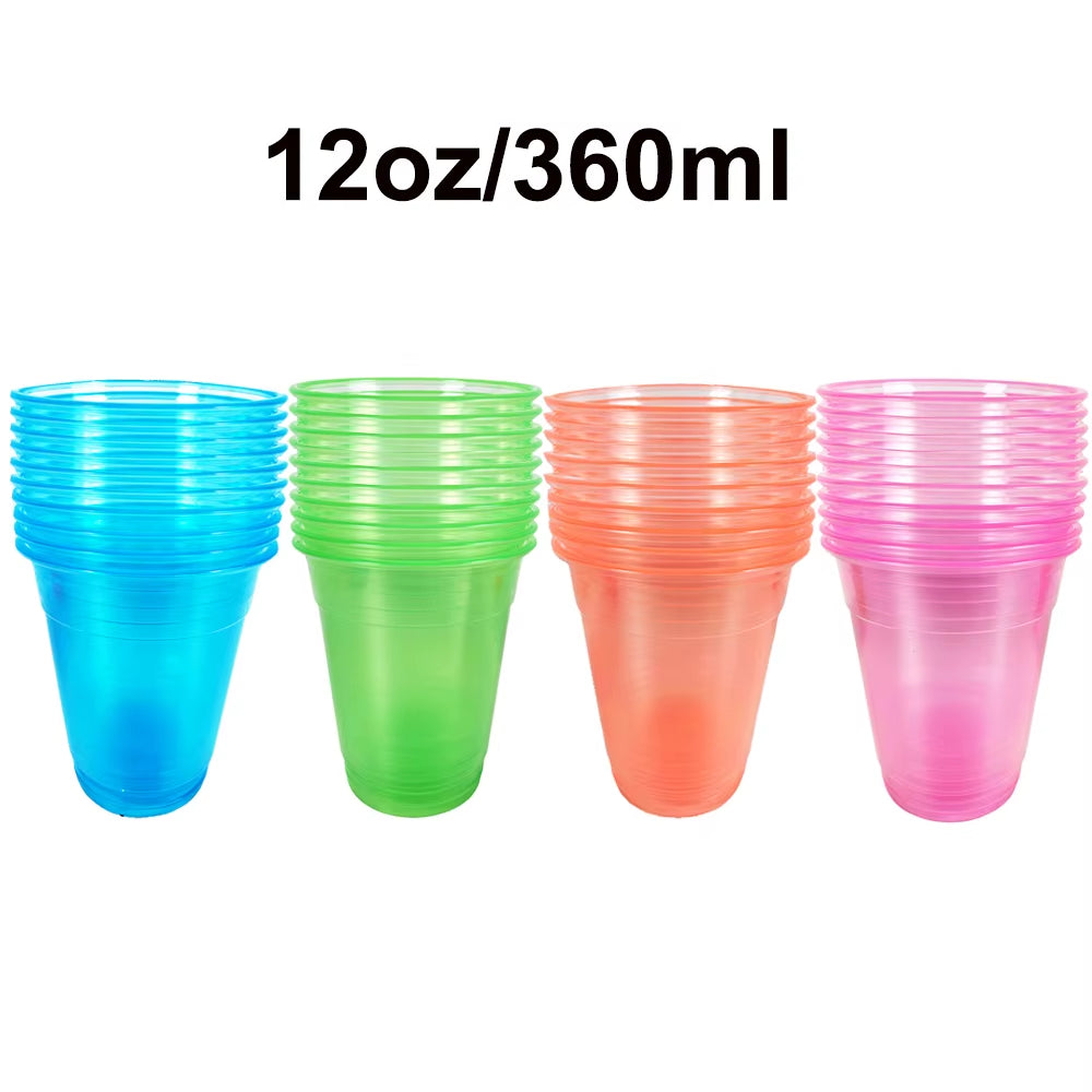 20–200 Stück, 12 Unzen, Neonfarben, Einfarbig, Einweg-Kunststoffbecher, Rosa, Orange, Blau, Grün, Eis-Kaffeetasse, Durchsichtiger Kunststoffbecher, Leuchtet Im UV