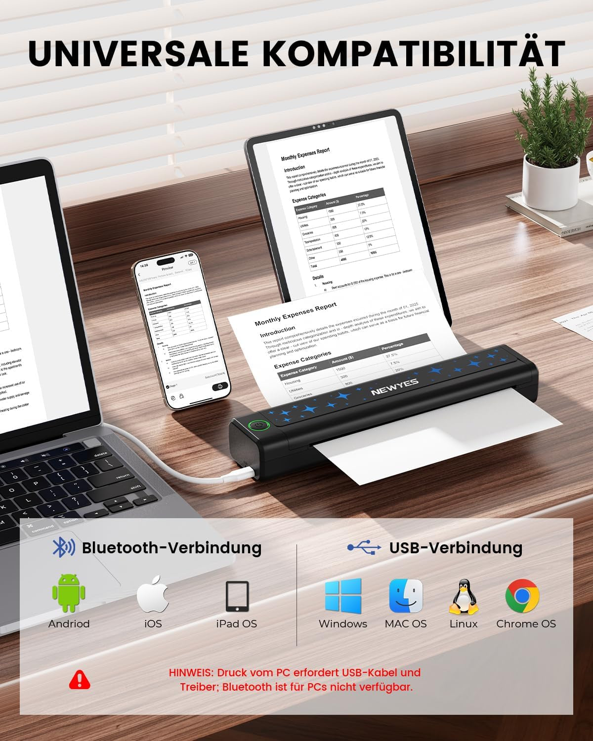 NEWYES Drucker, Tragbarer Thermodrucker Für Geschäftsreisende Und Studenten