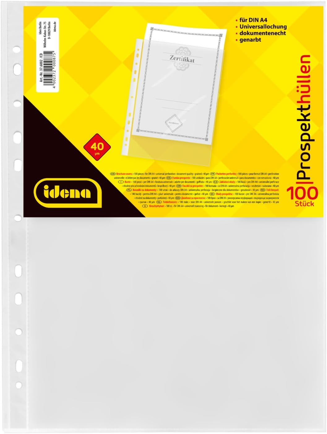 Idena 376002 - 100 Stück Klarsichthüllen A4 Genarbt