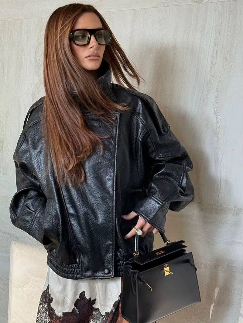 Leder Jacke Für Frauen Casual Solide Lange Sleeve Zipper Pu Leder Mäntel Neue Mode Weibliche Streetwear
